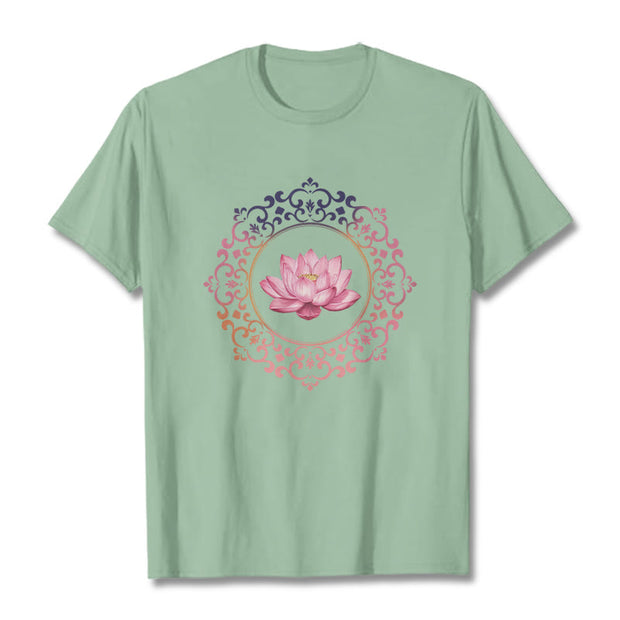 Buddha Stones Mandala Pink Lotus Pattern Tee Cotton T-shirt - PaleGreen - 2XL - image 15
