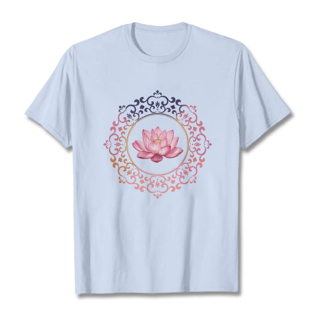 Buddha Stones Mandala Pink Lotus Pattern Tee Cotton T-shirt - LightCyan - 2XL - image 19