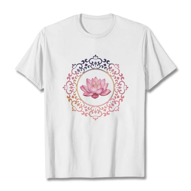 Buddha Stones Mandala Pink Lotus Pattern Tee Cotton T-shirt - White - 2XL - image 6