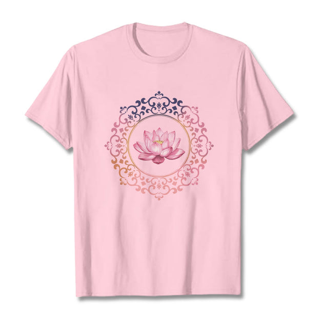 Buddha Stones Mandala Pink Lotus Pattern Tee Cotton T-shirt - LightPink - 2XL - image 13