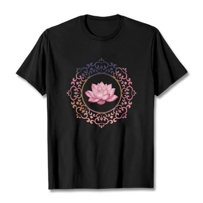 Buddha Stones Mandala Pink Lotus Pattern Tee Cotton T-shirt - Black - 2XL - image 1