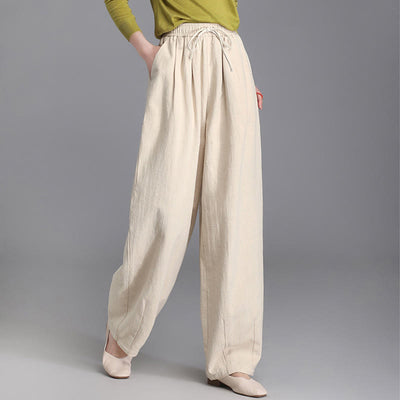 Buddha Stones Women's Casual Vintage Plain Drawstring Carrot Design Cotton Linen Pants With Pockets - Beige - US6，UK/AU10，EU38 (L) - image 1