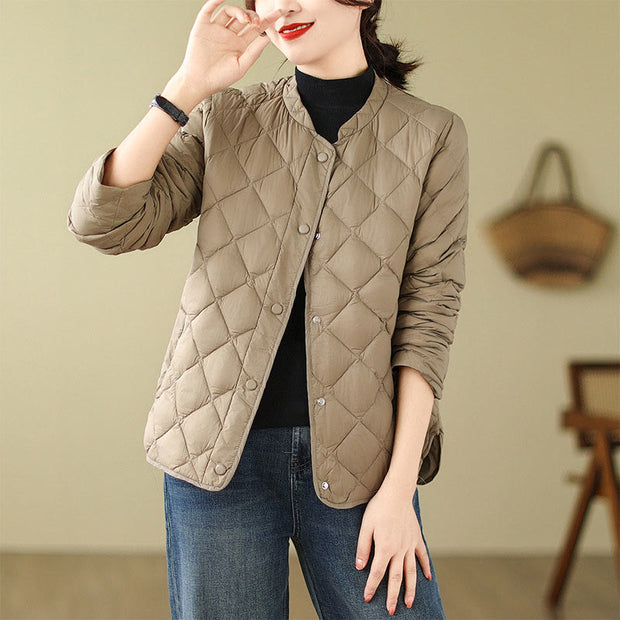 Buddha Stones Women's Fall Plain Diamond Quilted Design Cotton Thermal Jacket With Pockets - image 2