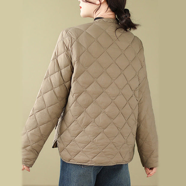 Buddha Stones Women's Fall Plain Diamond Quilted Design Cotton Thermal Jacket With Pockets - image 8