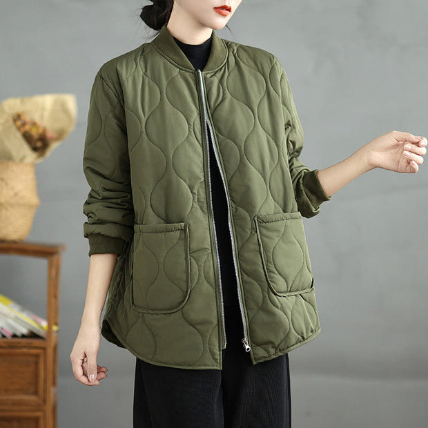 Buddha Stones Women's Casual Plain Zipper Design Cotton Jacket With Pockets - image 3