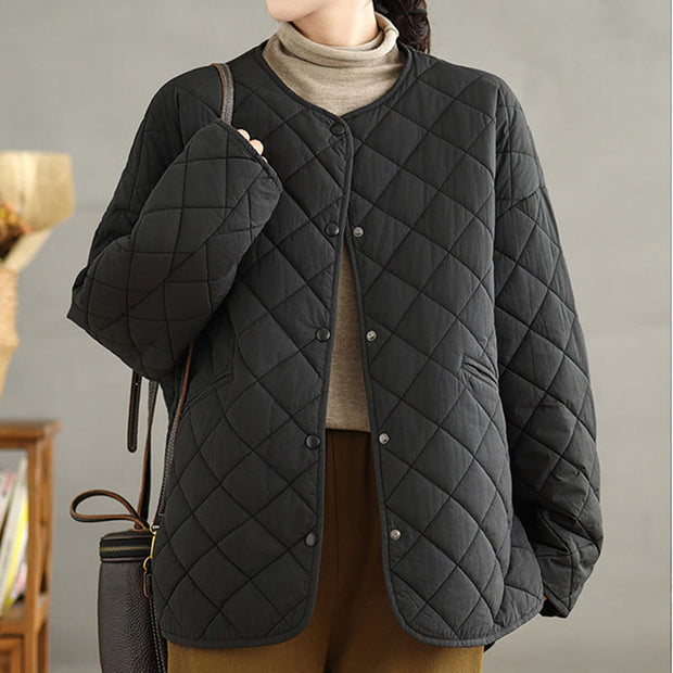 Buddha Stones Women's Casual Plain Buttons Design Cotton Thermal Diamond-quilted Jacket With Pockets - image 24