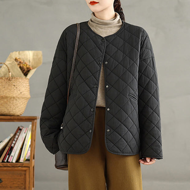 Buddha Stones Women's Casual Plain Buttons Design Cotton Thermal Diamond-quilted Jacket With Pockets - image 20