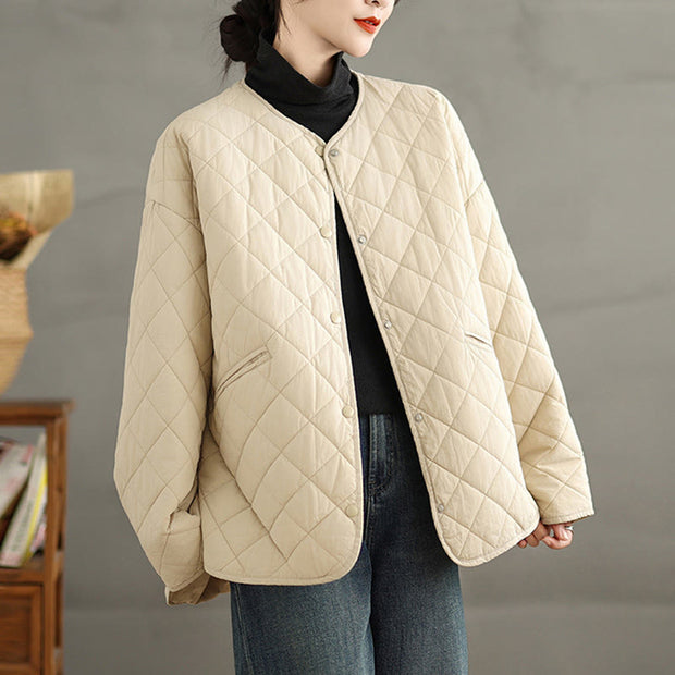 Buddha Stones Women's Casual Plain Buttons Design Cotton Thermal Diamond-quilted Jacket With Pockets - image 13