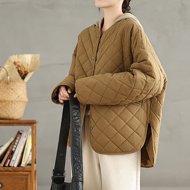 Buddha Stones Women's Casual Plain Buttons Design Cotton Thermal Diamond-quilted Jacket With Pockets - image 3