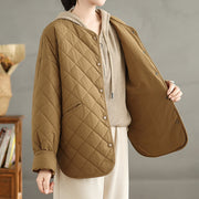 Buddha Stones Women's Casual Plain Buttons Design Cotton Thermal Diamond-quilted Jacket With Pockets - image 5