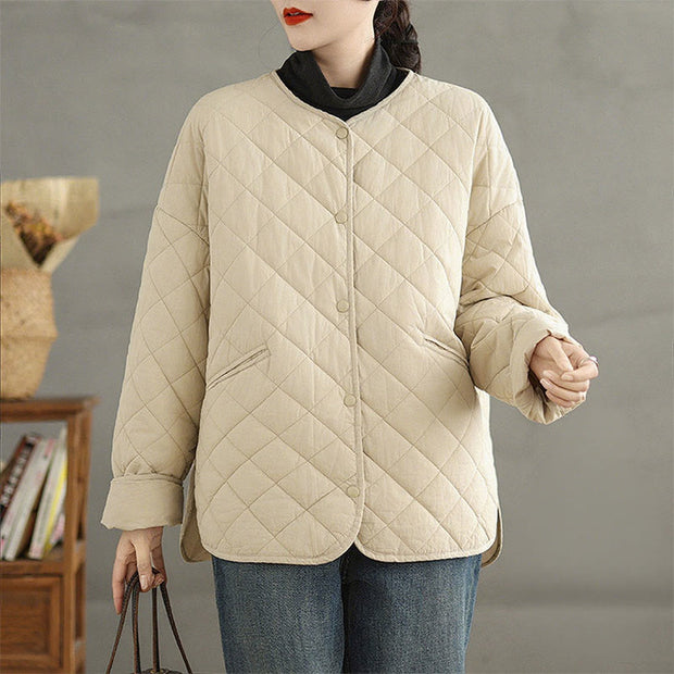 Buddha Stones Women's Casual Plain Buttons Design Cotton Thermal Diamond-quilted Jacket With Pockets - Beige - US14，UK/AU18，EU46 (2XL) - image 11