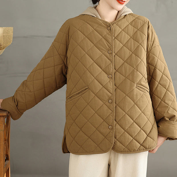Buddha Stones Women's Casual Plain Buttons Design Cotton Thermal Diamond-quilted Jacket With Pockets - image 4