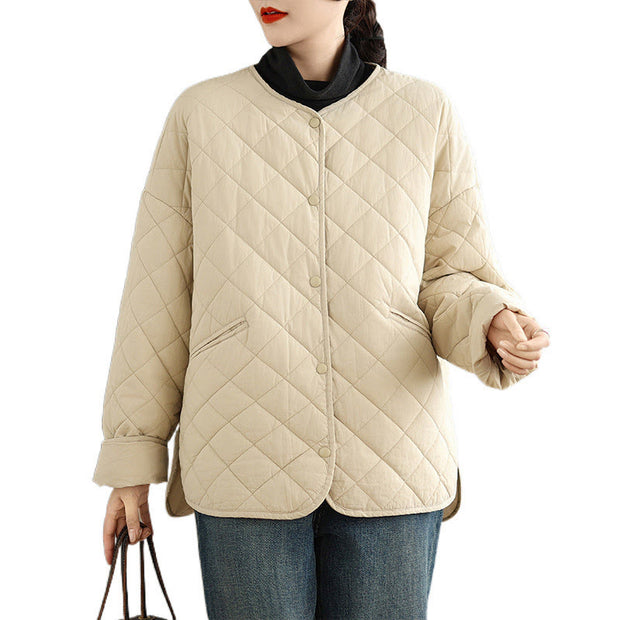 Buddha Stones Women's Casual Plain Buttons Design Cotton Thermal Diamond-quilted Jacket With Pockets - image 18