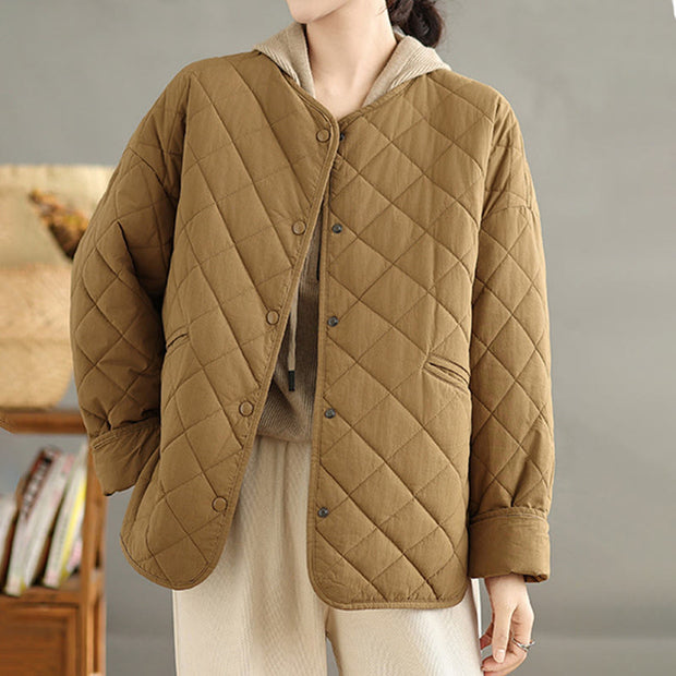 Buddha Stones Women's Casual Plain Buttons Design Cotton Thermal Diamond-quilted Jacket With Pockets - image 2