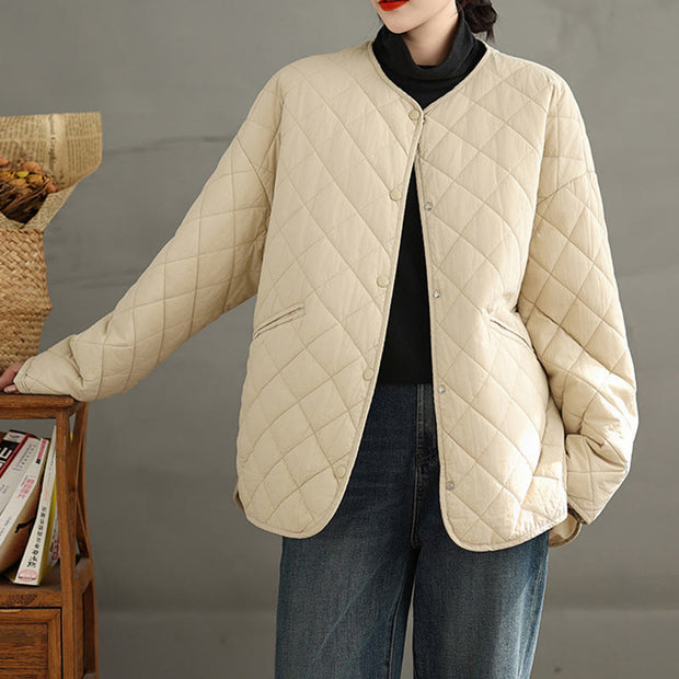 Buddha Stones Women's Casual Plain Buttons Design Cotton Thermal Diamond-quilted Jacket With Pockets - image 12