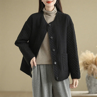 Buddha Stones Women's Vintage Buttons Simple Design Long Sleeve Cotton Jacket With Pockets - Black - US12，UK/AU16，EU44 (2XL) - image 1