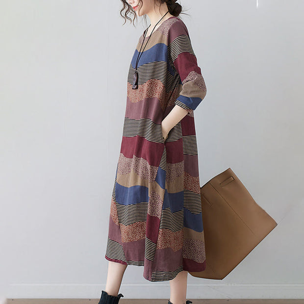 Buddha Stones Ethnic Printing Short Sleeve Cotton Linen Midi Dress With Pockets - image 6