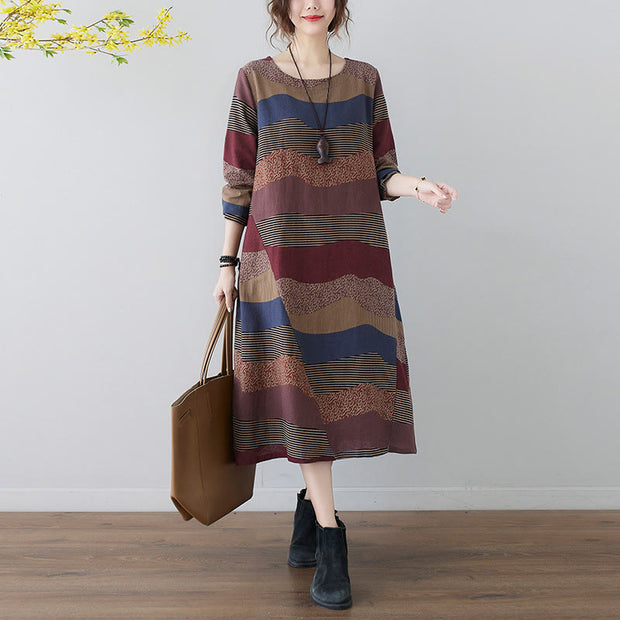 Buddha Stones Ethnic Printing Short Sleeve Cotton Linen Midi Dress With Pockets - Brown - US8-10，UK/AU12-14，EU40-42 (2XL) - image 2