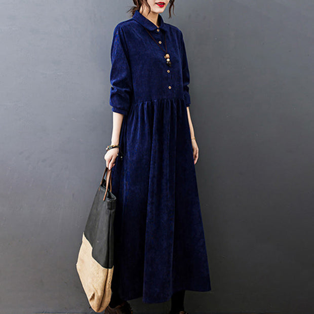 Buddha Stones Fall Buttons Design Long Sleeve Cotton Corduroy Midi Dress With Pockets - image 26