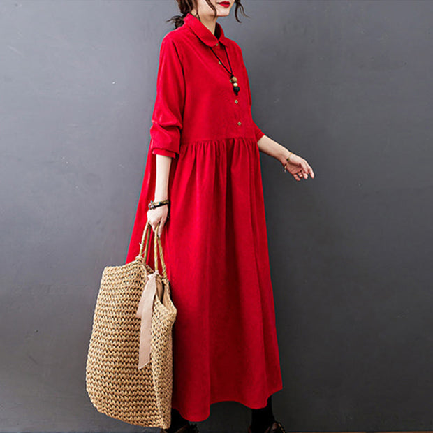 Buddha Stones Fall Buttons Design Long Sleeve Cotton Corduroy Midi Dress With Pockets - image 15