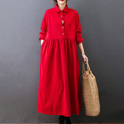 Buddha Stones Fall Buttons Design Long Sleeve Cotton Corduroy Midi Dress With Pockets - image 12