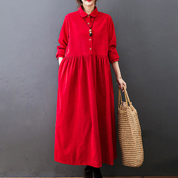 Buddha Stones Fall Buttons Design Long Sleeve Cotton Corduroy Midi Dress With Pockets - image 12