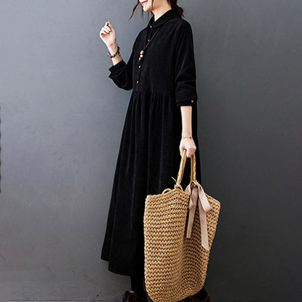 Buddha Stones Fall Buttons Design Long Sleeve Cotton Corduroy Midi Dress With Pockets - image 9