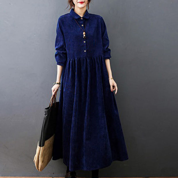 Buddha Stones Fall Buttons Design Long Sleeve Cotton Corduroy Midi Dress With Pockets - MidnightBlue - US8-10，UK/AU12-14，EU40-42 (2XL) - image 21