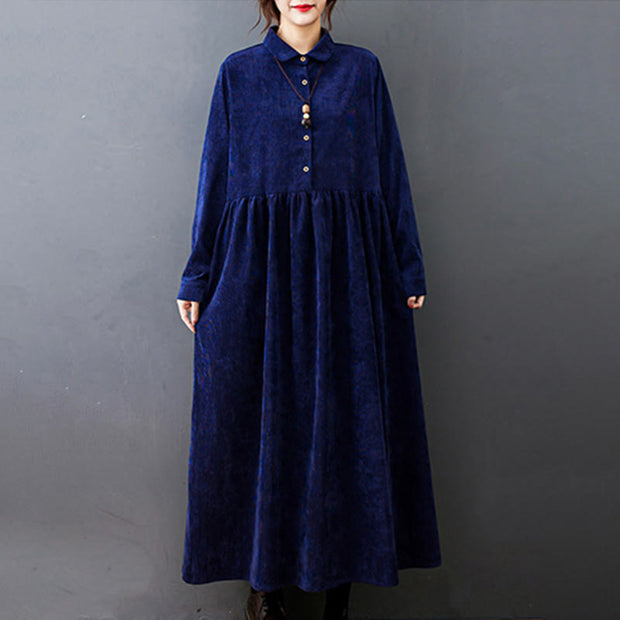 Buddha Stones Fall Buttons Design Long Sleeve Cotton Corduroy Midi Dress With Pockets - image 23