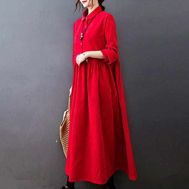 Buddha Stones Fall Buttons Design Long Sleeve Cotton Corduroy Midi Dress With Pockets - image 13