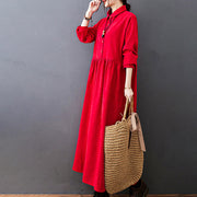 Buddha Stones Fall Buttons Design Long Sleeve Cotton Corduroy Midi Dress With Pockets - image 14