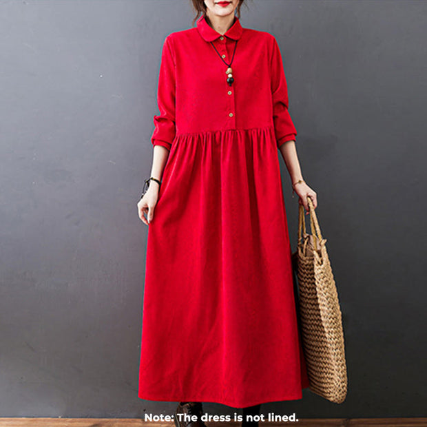 Buddha Stones Fall Buttons Design Long Sleeve Cotton Corduroy Midi Dress With Pockets - image 11
