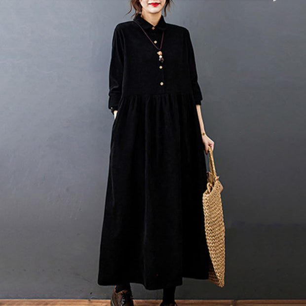 Buddha Stones Fall Buttons Design Long Sleeve Cotton Corduroy Midi Dress With Pockets - image 6