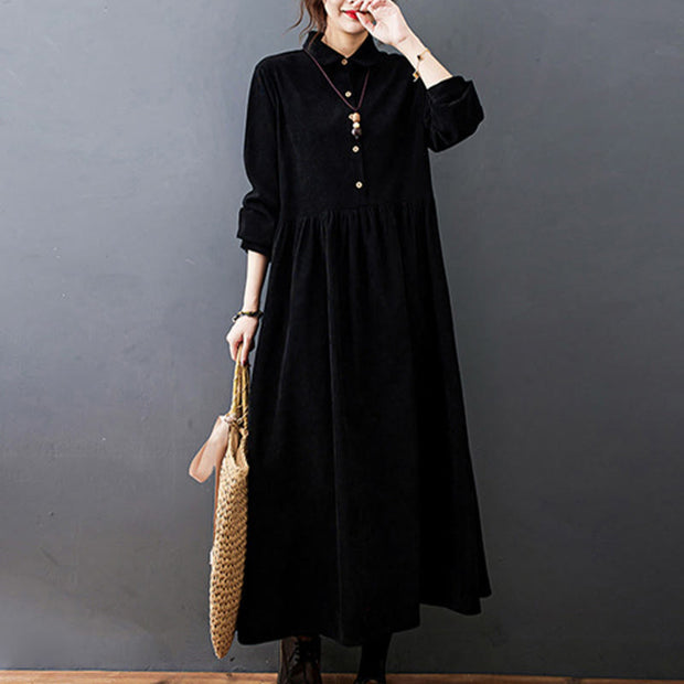 Buddha Stones Fall Buttons Design Long Sleeve Cotton Corduroy Midi Dress With Pockets - image 5