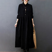 Buddha Stones Fall Buttons Design Long Sleeve Cotton Corduroy Midi Dress With Pockets - image 3