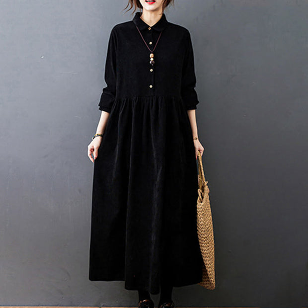 Buddha Stones Fall Buttons Design Long Sleeve Cotton Corduroy Midi Dress With Pockets - image 3