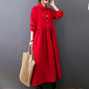 Buddha Stones Fall Buttons Design Long Sleeve Cotton Corduroy Midi Dress With Pockets - image 16