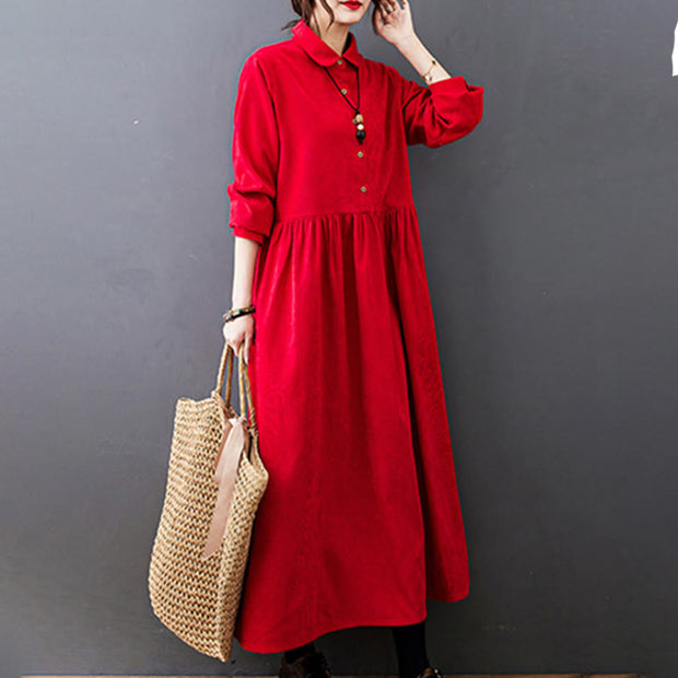 Buddha Stones Fall Buttons Design Long Sleeve Cotton Corduroy Midi Dress With Pockets - image 16