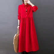 Buddha Stones Fall Buttons Design Long Sleeve Cotton Corduroy Midi Dress With Pockets - Red - US8-10，UK/AU12-14，EU40-42 (2XL) - image 10