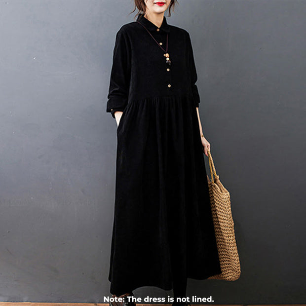 Buddha Stones Fall Buttons Design Long Sleeve Cotton Corduroy Midi Dress With Pockets - image 2
