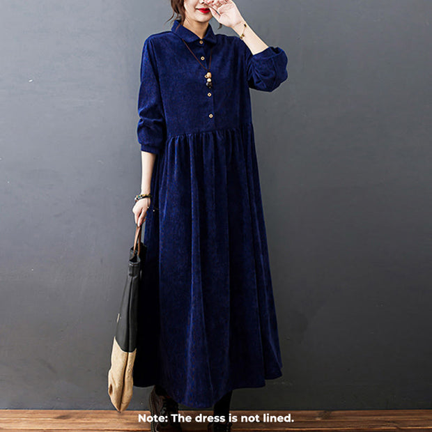 Buddha Stones Fall Buttons Design Long Sleeve Cotton Corduroy Midi Dress With Pockets - image 22