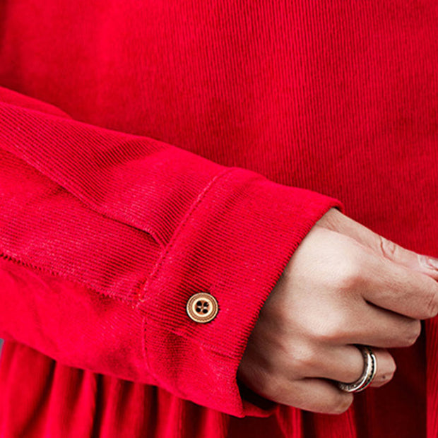 Buddha Stones Fall Buttons Design Long Sleeve Cotton Corduroy Midi Dress With Pockets - image 19