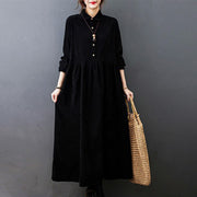 Buddha Stones Fall Buttons Design Long Sleeve Cotton Corduroy Midi Dress With Pockets - Black - US8-10，UK/AU12-14，EU40-42 (2XL) - image 1