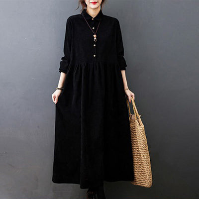 Buddha Stones Fall Buttons Design Long Sleeve Cotton Corduroy Midi Dress With Pockets - Black - US8-10，UK/AU12-14，EU40-42 (2XL) - image 1