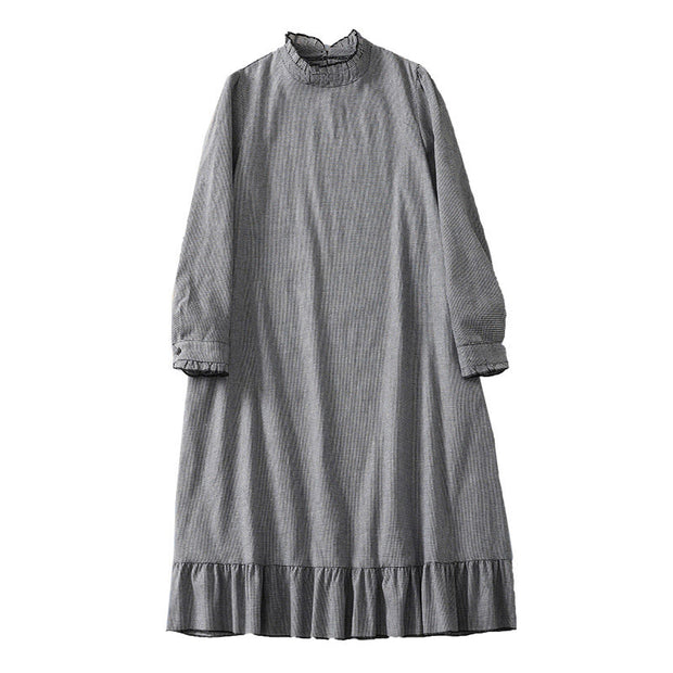 Buddha Stones Causal Plaid Pattern Pleated Ruffled Design Cotton Midi Dress With Pockets - image 10