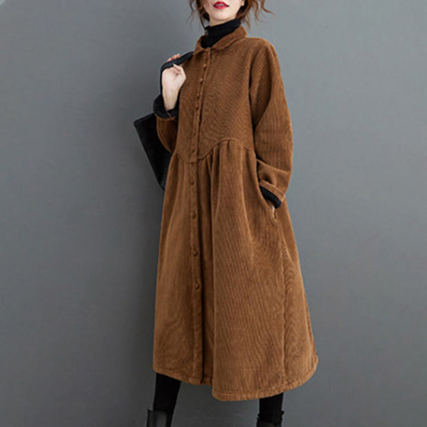 Buddha Stones Plain Buttons Design Women's Cotton Corduroy Fleece-Lined Coat With Pockets - image 20