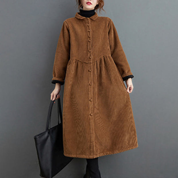 Buddha Stones Plain Buttons Design Women's Cotton Corduroy Fleece-Lined Coat With Pockets - image 21