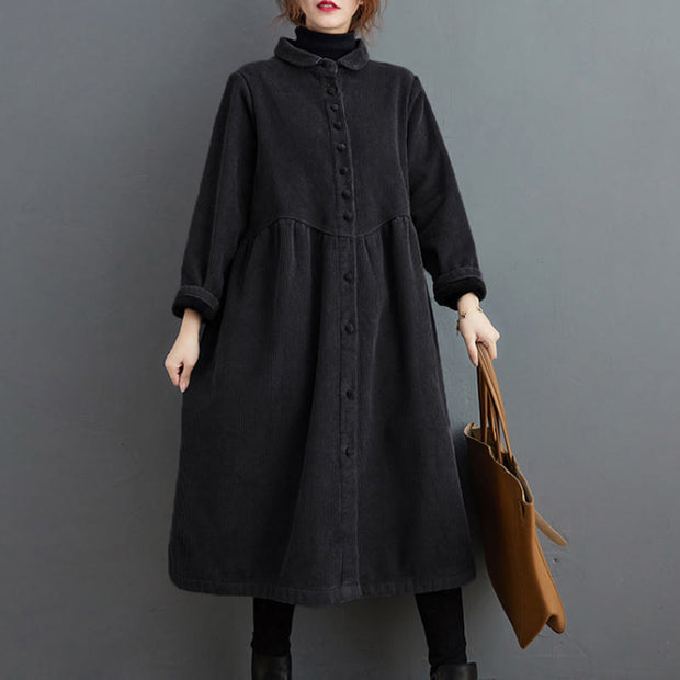 Buddha Stones Plain Buttons Design Women's Cotton Corduroy Fleece-Lined Coat With Pockets - image 3