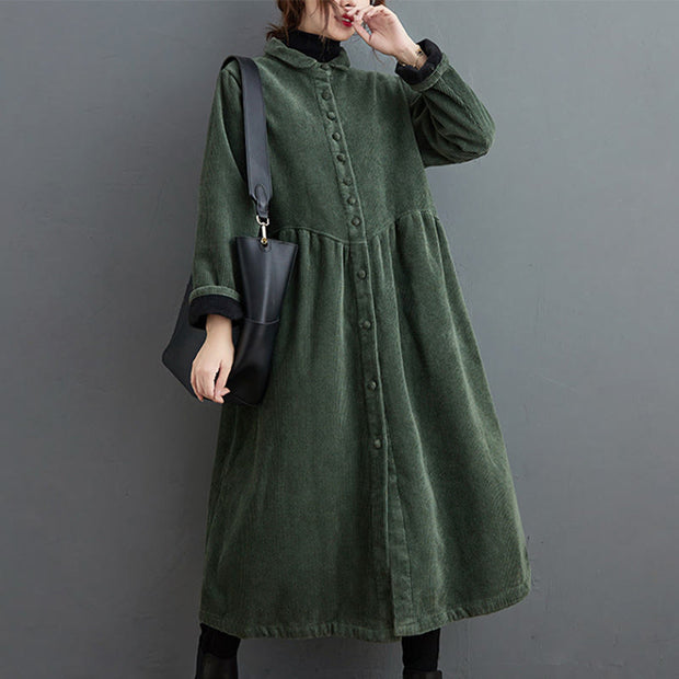 Buddha Stones Plain Buttons Design Women's Cotton Corduroy Fleece-Lined Coat With Pockets - image 15