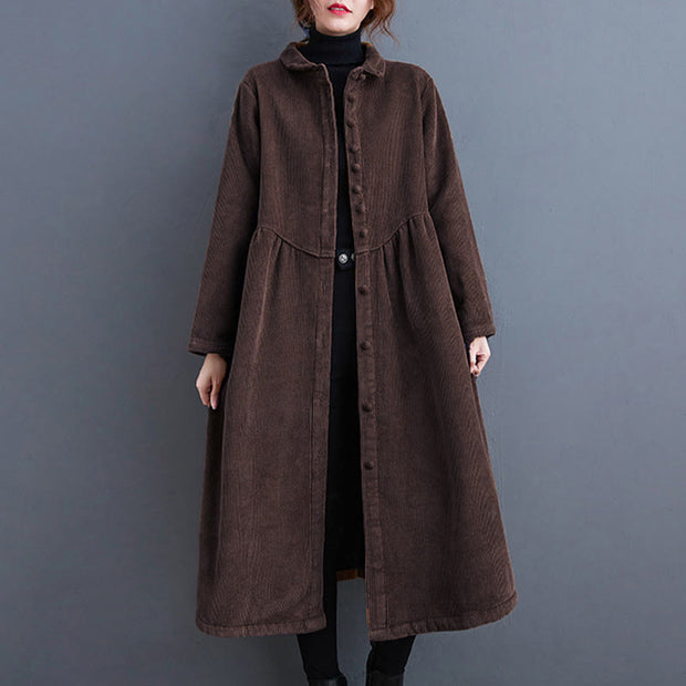 Buddha Stones Plain Buttons Design Women's Cotton Corduroy Fleece-Lined Coat With Pockets - SaddleBrown - US8-10，UK/AU12-14，EU40-42 (2XL) - image 24